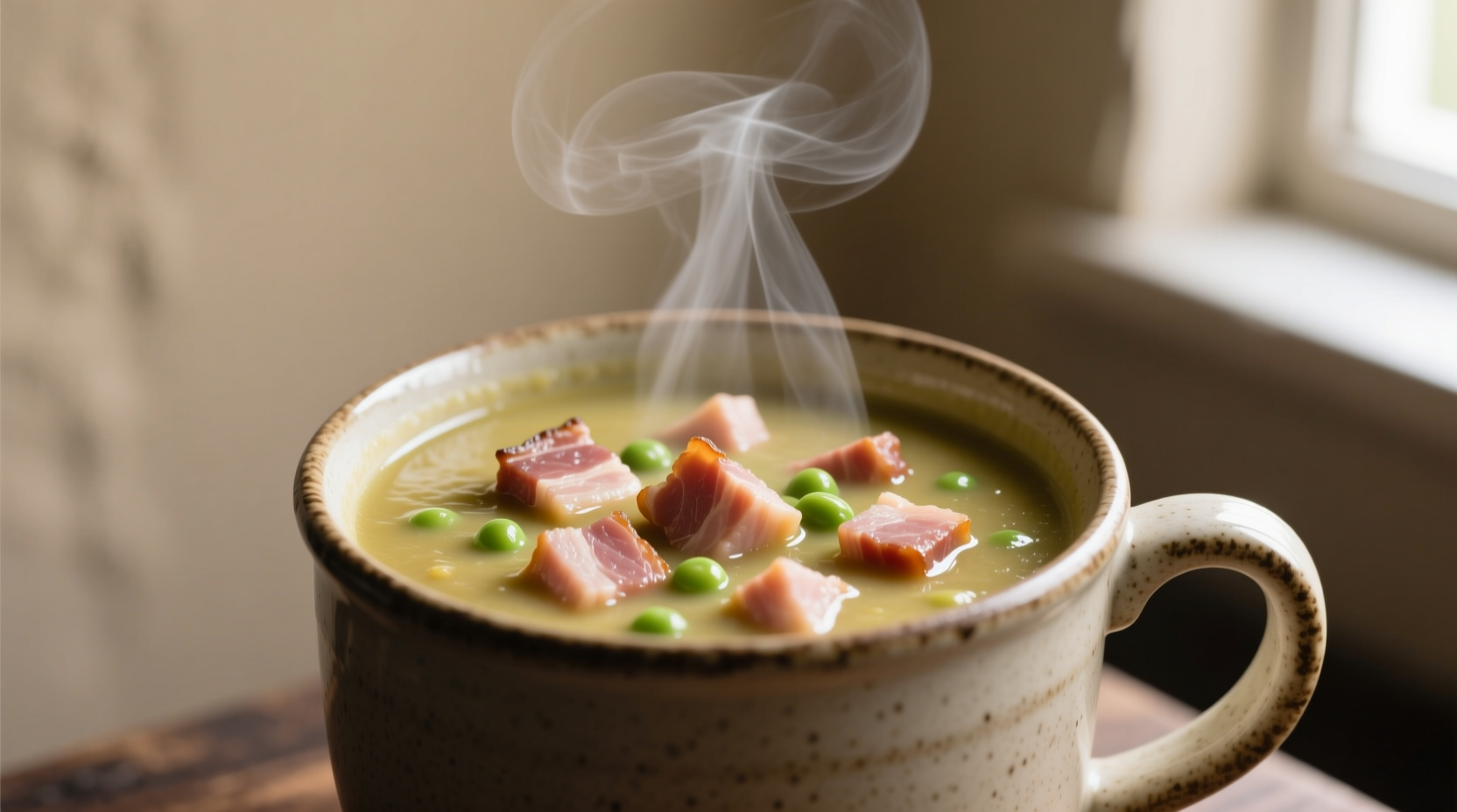Winter lunch setting: steaming bowl of pea soup with visible diced ham pieces on rustic table
