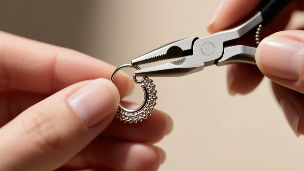 Close-up of hands securing a 22-gauge titanium jump ring to a brick stitch earring loop using flat-nose jewelry pliers