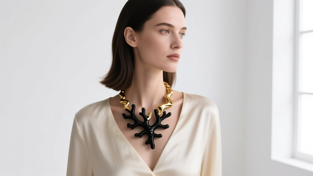 Woman wearing a black coral and gold necklace over a cream blouse, showing the dark organic and metallic gold color contrast.