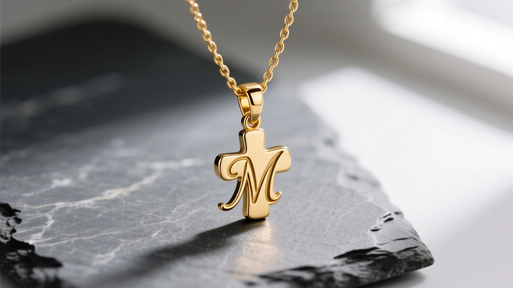 Macro of a 14k gold initial necklace with cross on slate, showing engraved letter M and polished metal under soft light.