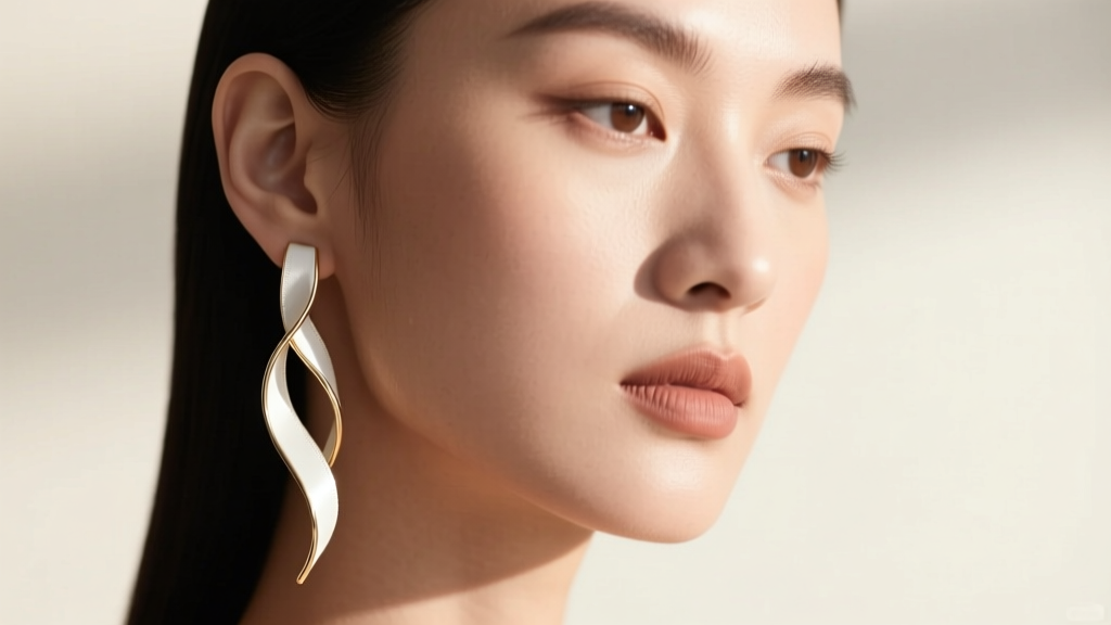 Profile of a model wearing an asymmetric 18k white gold ribbon drop earring, highlighting fluid metal draping against her jawline