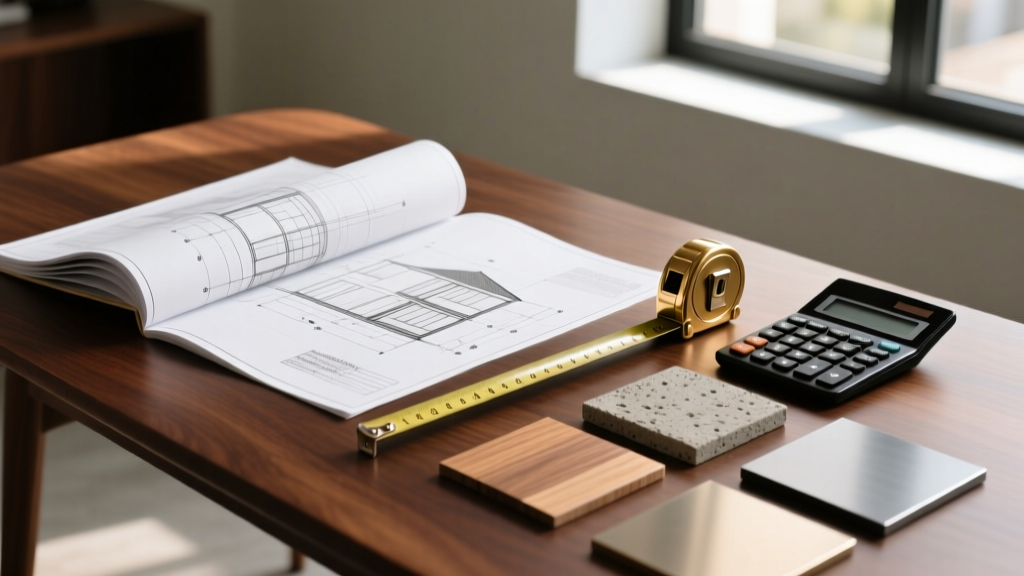 Architectural blueprints spread on a wooden table next to a brass tape measure, calculator, and material samples for a new residential build