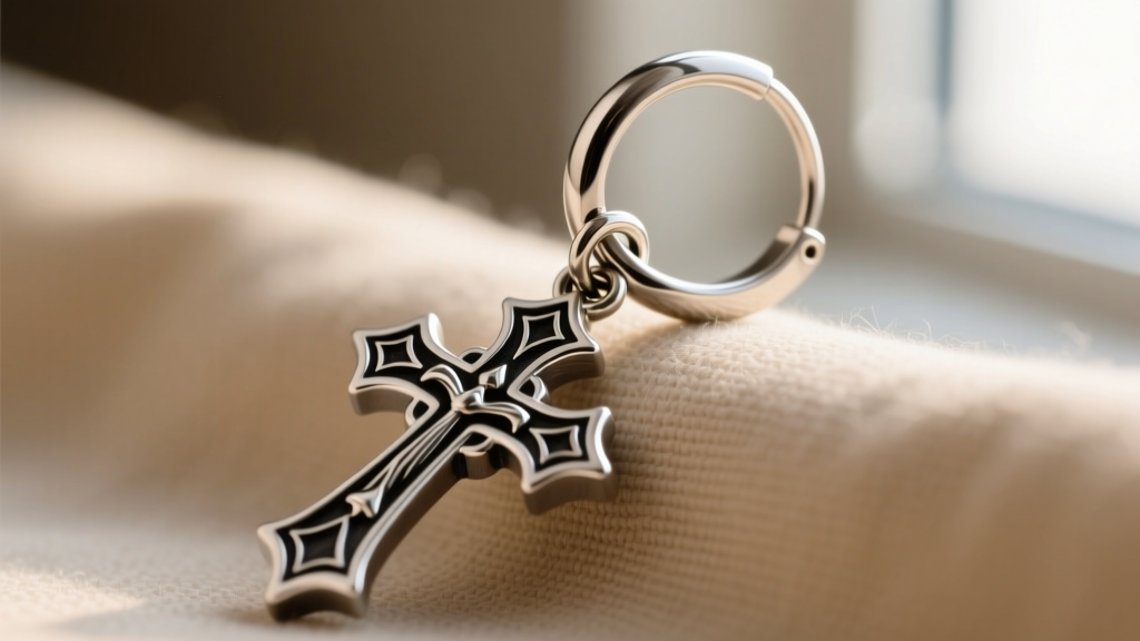 Close-up of a laser-welded titanium jump ring connecting a heavy gothic cross dangle to a secure 18-gauge leverback ear wire
