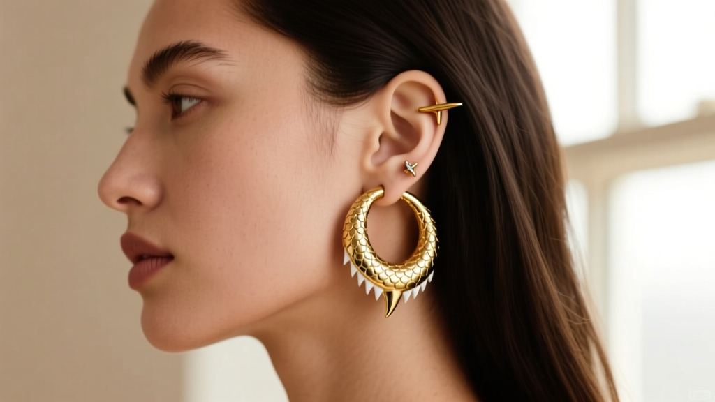 Side profile of a person with a curated ear project featuring a 14k gold shark tooth huggie hoop and a small canine tragus stud.