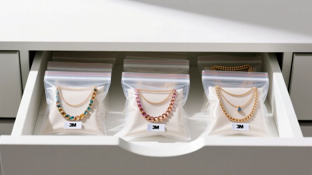 Jewelry drawer with anti-tarnish polyethylene bags holding layered chains, showing small 3M anti-tarnish strips visible inside