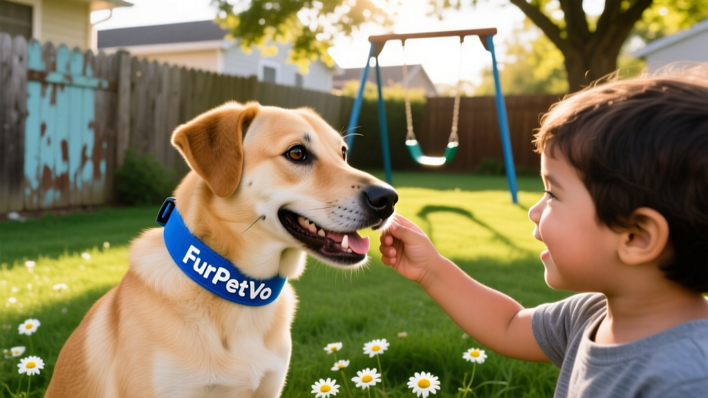 A joyful Mexican street dog, recently adopted, playing gently with a child in a sunny backyard in the U.S., wearing a blue collar with a FurPetVo tag