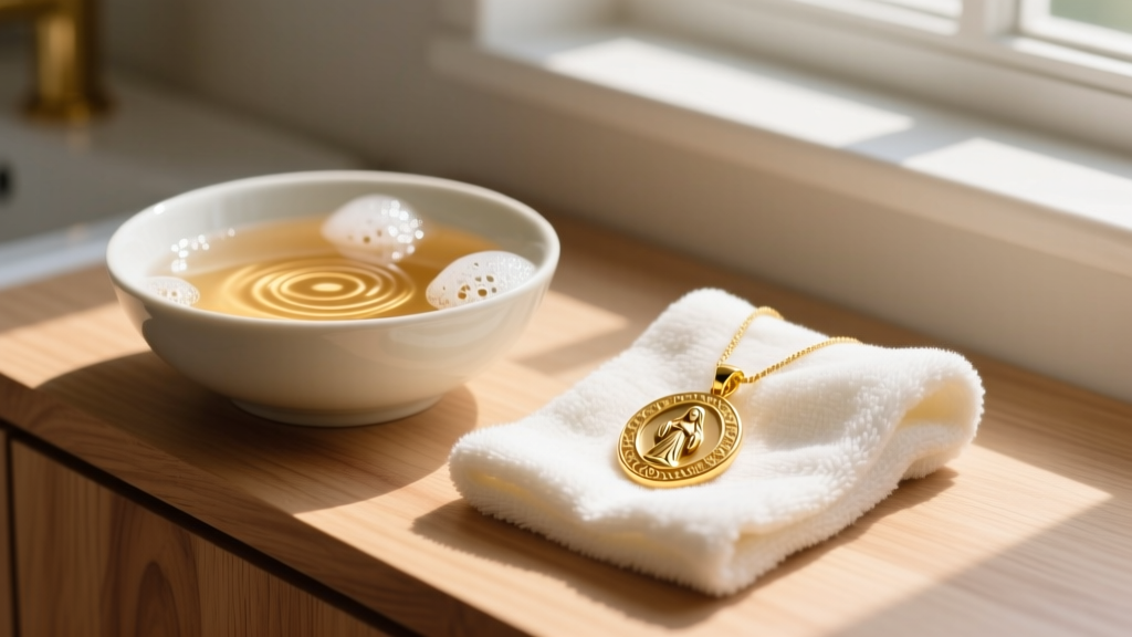 Soft microfiber cloth, a bowl of warm soapy water, and a gleaming gold St. Jude pendant being carefully dried on a wooden vanity