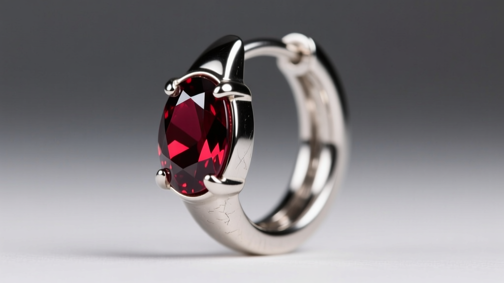 Close-up of 20-gauge surgical steel hoop earring with bezel-set dark red garnet cabochon under soft directional studio lighting.