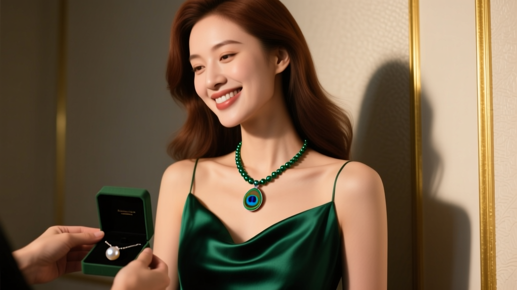 Smiling woman in a silk evening gown receiving a dark peacock-green Tahitian pearl pendant necklace as a gift in dim warm light