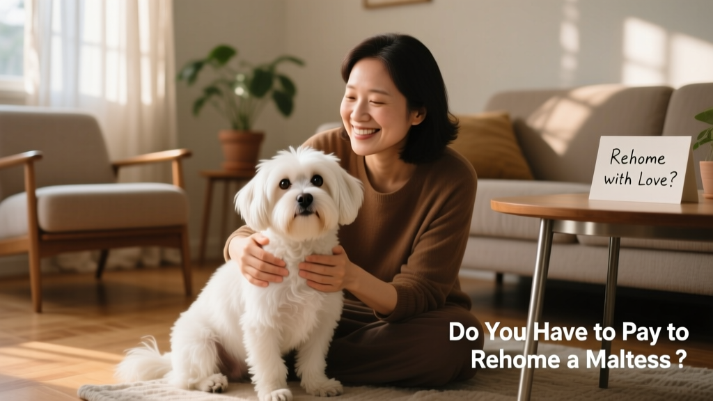 A gentle Maltese sitting calmly beside a smiling adult, symbolizing a thoughtful rehoming process