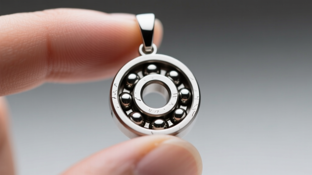 Macro shot of 316L stainless steel spinner pendant with exposed bearings, held between fingers against a blurred gray background.