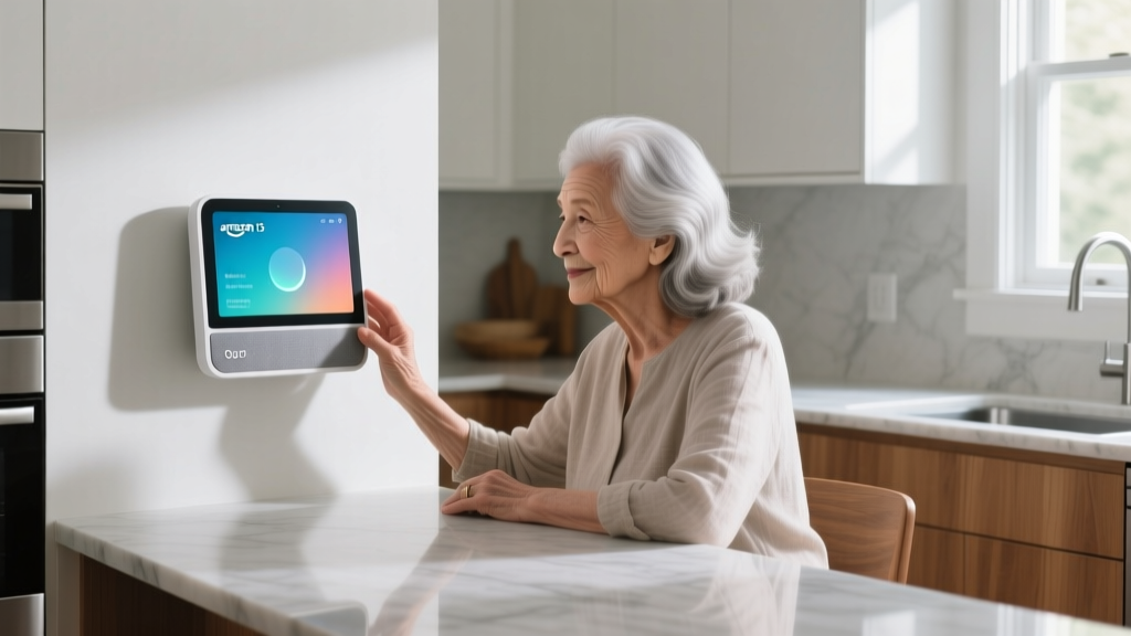 Elderly woman with silver hair sitting at a kitchen island touching the screen of an Amazon Echo Show 15 mounted on the wall