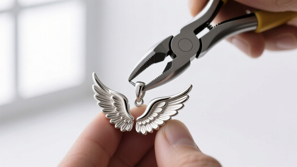 Nylon-jaw pliers reshaping a misshapen 925 sterling silver angel wing pendant on a jeweler's bench under bright LED lighting.