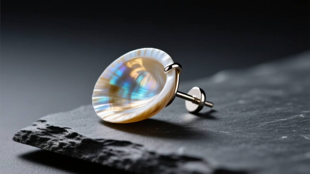 Macro photo of a polished puka shell earring with a 20-gauge titanium post, resting on dark slate with soft directional lighting