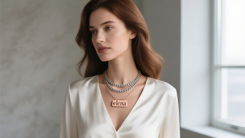 Woman in V-neck silk blouse wearing a 16-inch figaro chain and 18-inch rose gold nameplate necklace in soft natural window light.