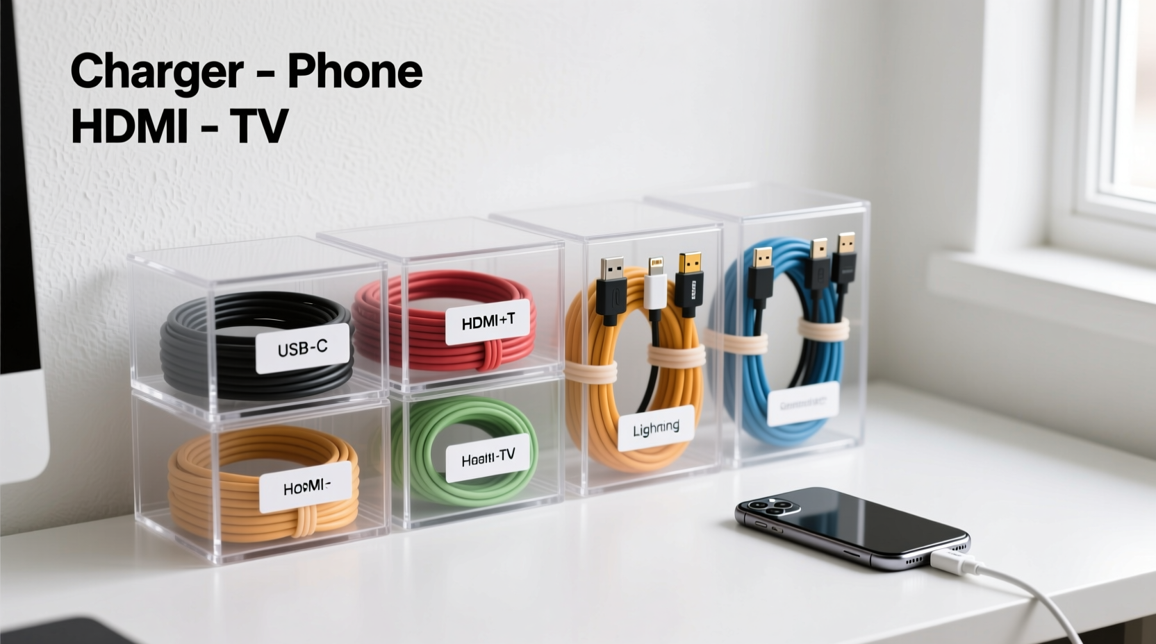 how to declutter digital cables and cords with labeled storage boxes