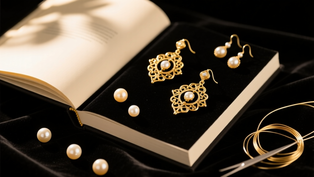 Open hardcover earring book showing antique gold earrings, loose pearls, and crafting wire on dark velvet under warm light.