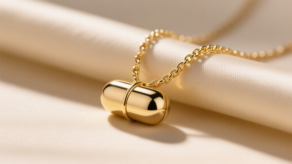 Gold vermeil capsule pendant on beige silk, showing high-polish finish and delicate chain links under soft, warm studio lighting.