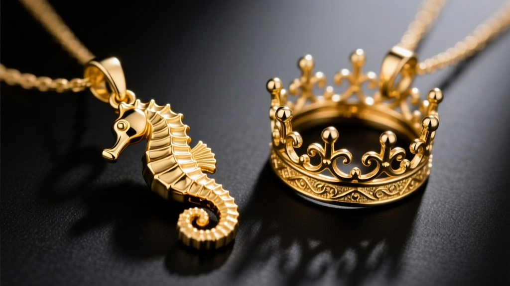 Side-by-side macro view of a polished 18k gold seahorse pendant and a 14k gold version, showing the crisp coronet crown details on both pieces.