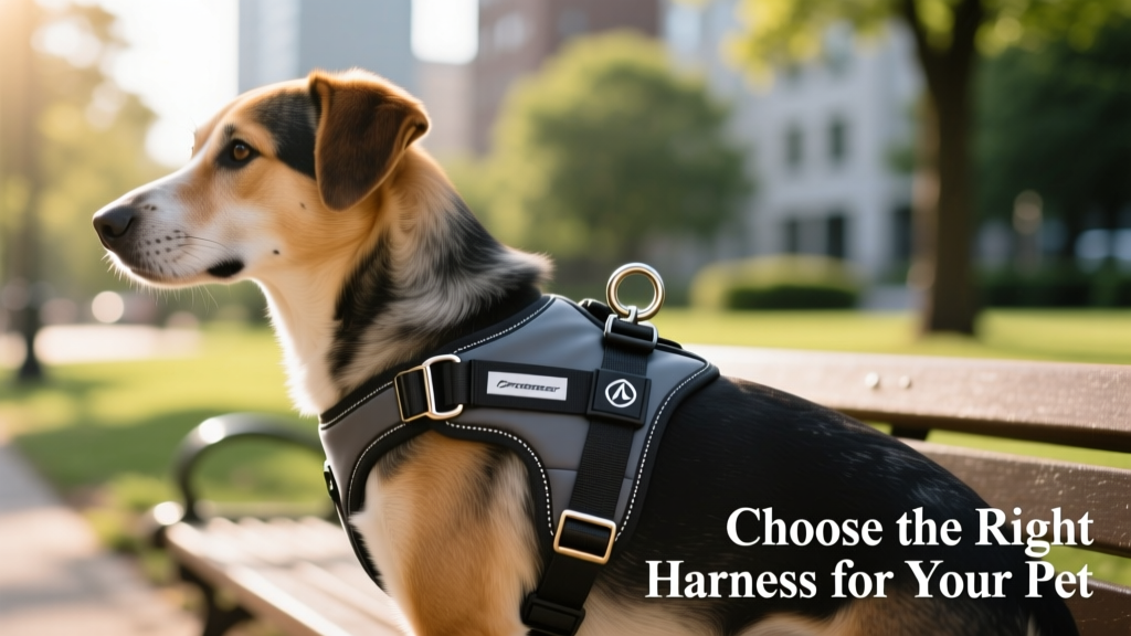 Side view of a dog wearing a well-fitted nylon harness with adjustable straps and metal D-ring