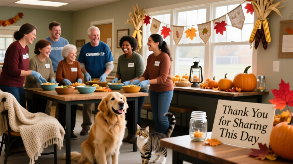 A diverse group of volunteers smiling while preparing food bowls and decorating a shelter common area with autumn-themed decorations
