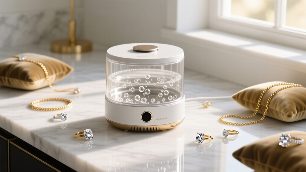 Modern ultrasonic cleaner on a marble counter beside scattered diamond rings and gold chains, lit by soft morning window light.