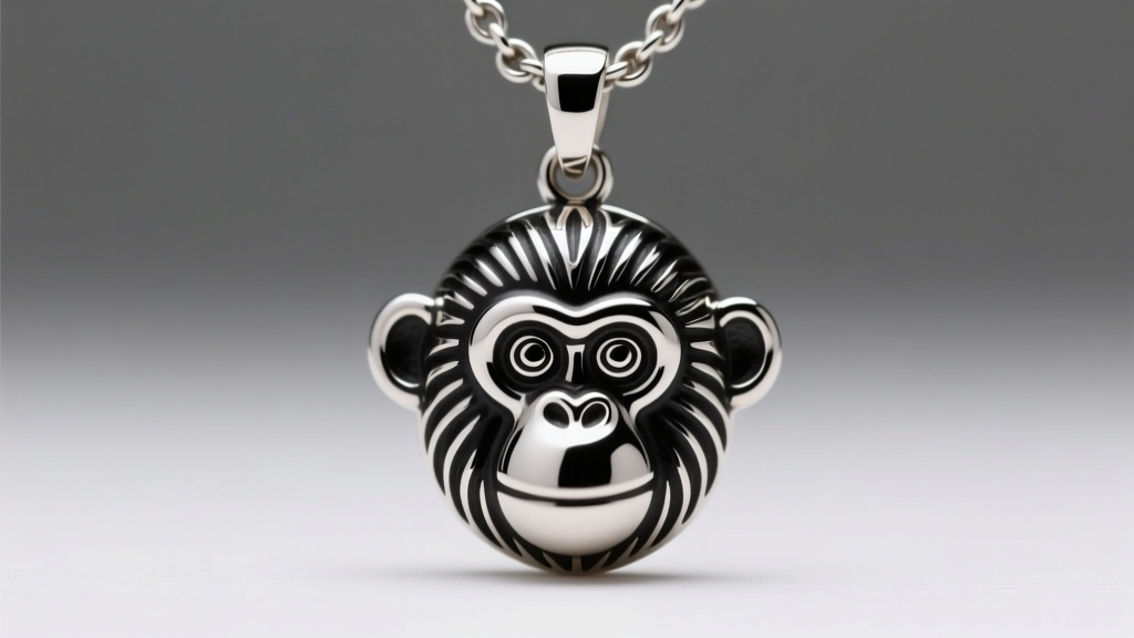 Macro shot of a sterling silver monkey pendant with black enamel, showing oxidized metal contrast and a smooth glossy finish.