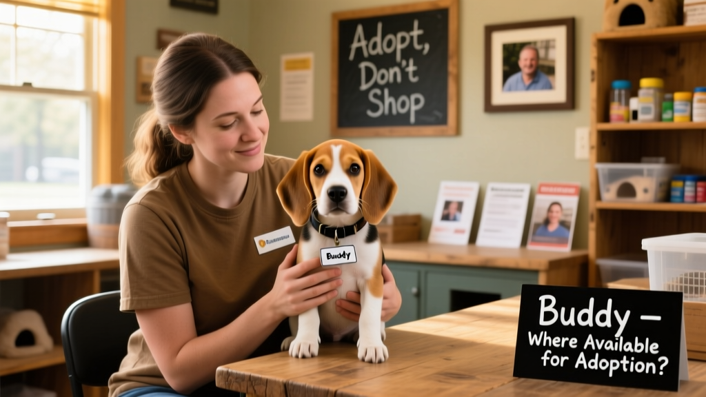A volunteer gently holding a beagle puppy while filling out adoption paperwork at a cozy rescue center