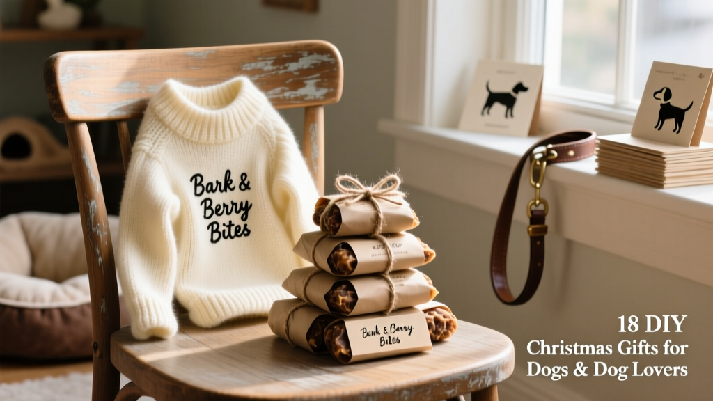 A cozy, handmade dog sweater draped over a wooden chair next to a stack of wrapped DIY dog treats