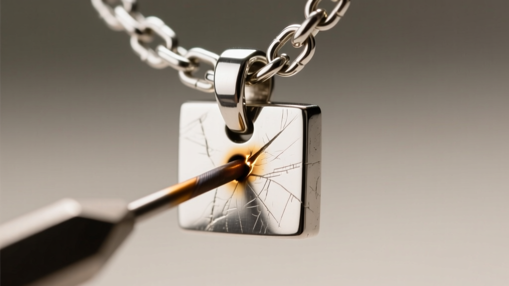 Macro shot of a soldered jump ring connecting a thick silver box chain to a square pendant bail, revealing detailed metal texture.