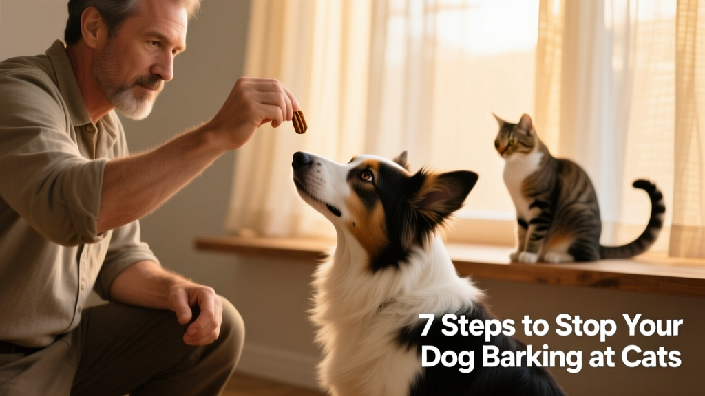 A trainer gently guiding a dog’s attention back to them with a treat, while a cat is visible in the background at a safe distance