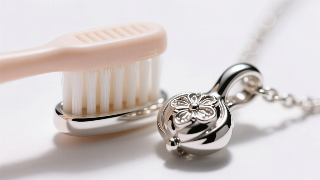 Close-up of a soft baby toothbrush gently cleaning the high-polish edges of a sterling silver squash blossom necklace clasp