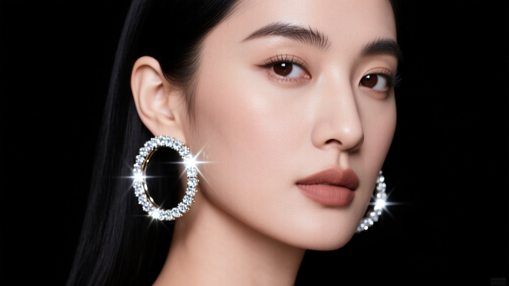 Profile of a woman wearing 60mm oversized pavé diamond hoop earrings, studio lighting highlighting sparkle against dark hair