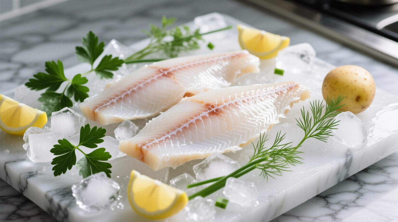 Fresh potato grouper fillets on ice with herbs