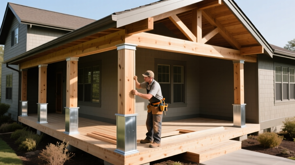 Carpenters framing a wraparound porch using pressure-treated lumber and galvanized post bases on a craftsman home exterior