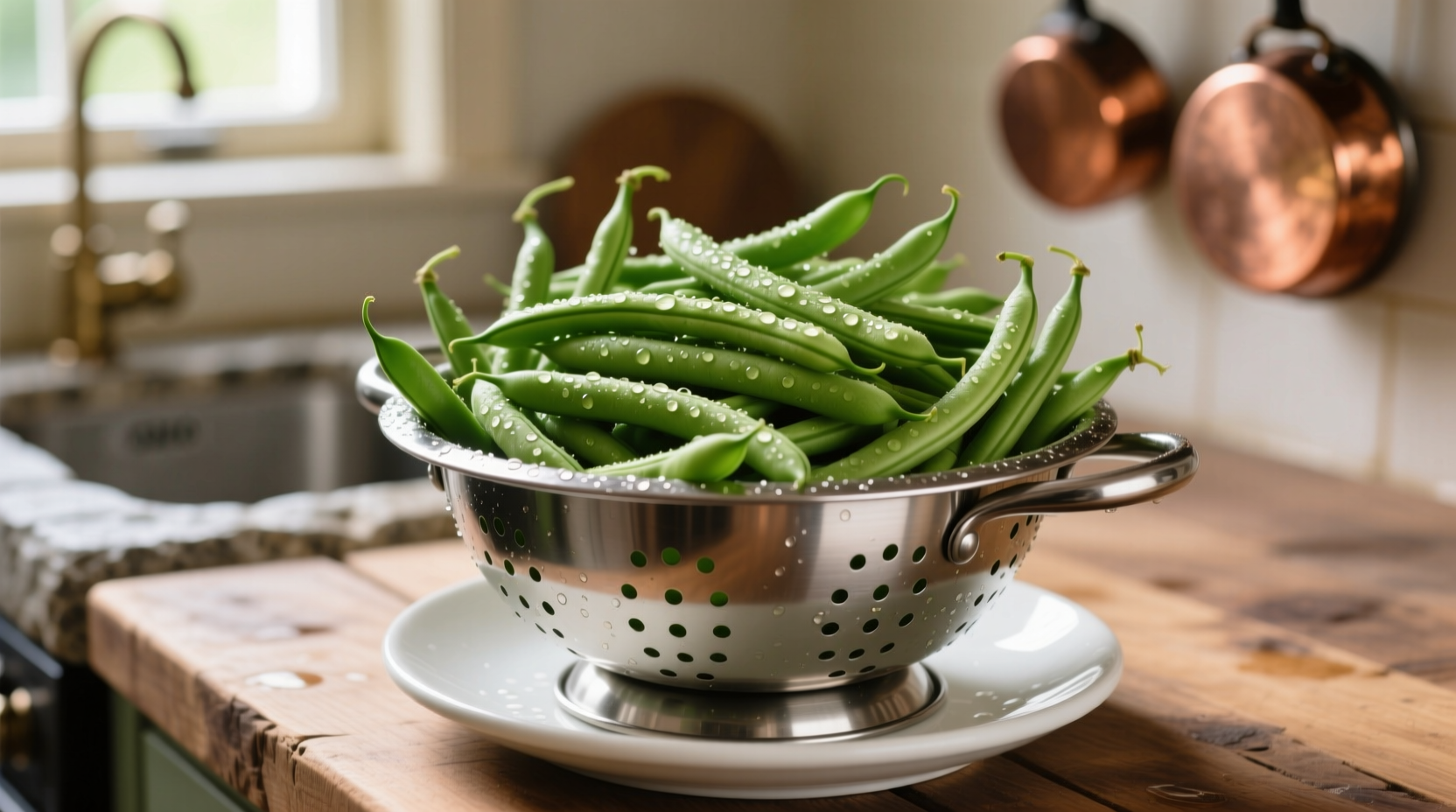 Fresh green beans in a colander before cooking