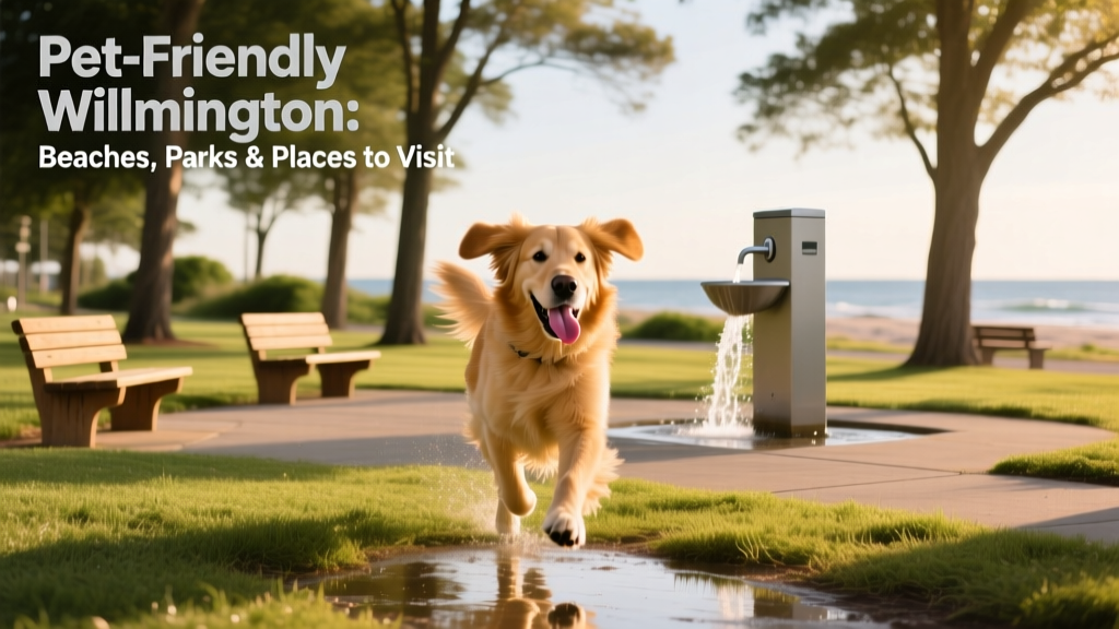 A happy dog running through a grassy, shaded dog park with benches and water stations visible