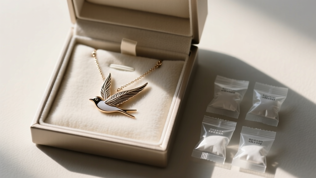 A neatly organized jewelry box showing a bird necklace stored flat in an anti-tarnish flannel pouch next to silica gel packets