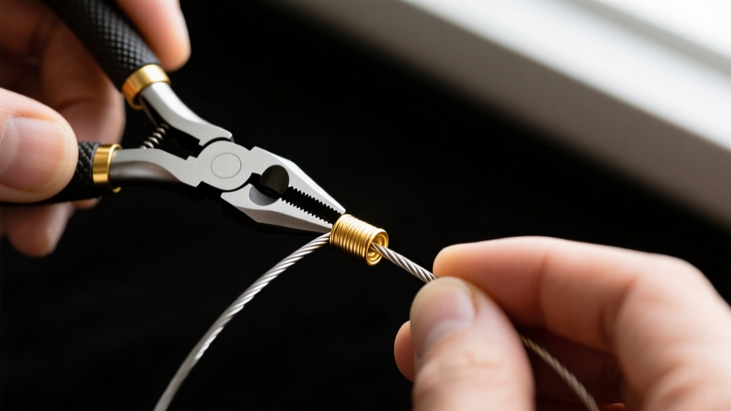 Close-up of hands using micro-crimping pliers to fold a 2mm gold-filled crimp tube over nylon-coated steel wire on a dark mat