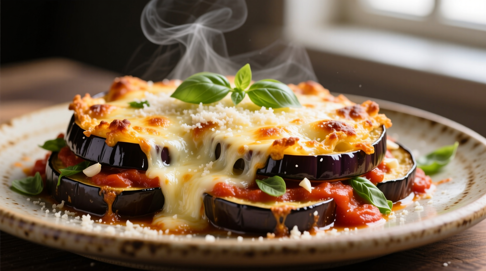 Golden baked eggplant parmesan with melted cheese