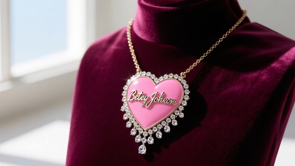 Close-up of a Betsey Johnson pink heart necklace on velvet, showing the metallic script logo and sparkling rhinestone borders.