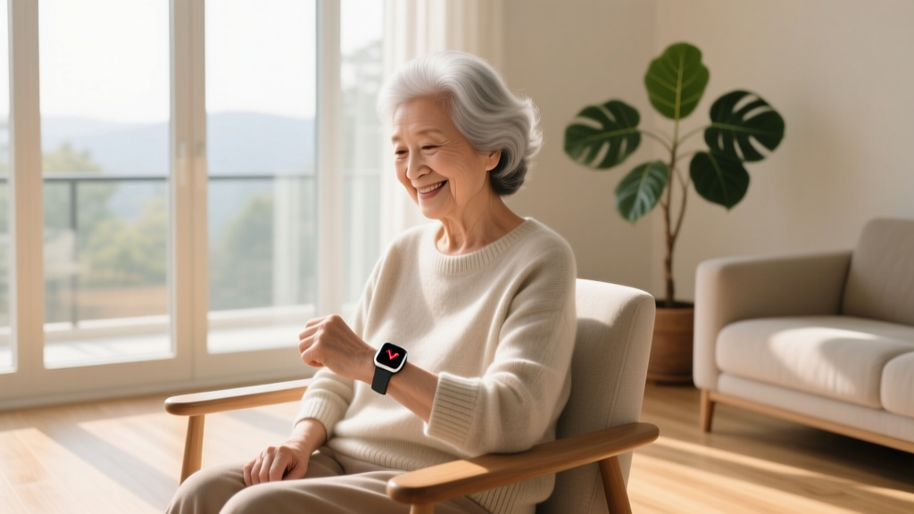 An elderly woman with silver hair smiling while checking her heart rate on a modern smartwatch in a sunlit living room.