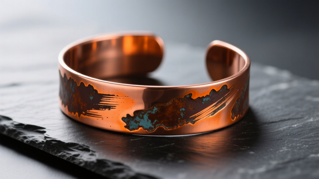 Raw copper cuff bracelet on dark slate, showing a vibrant mix of bright orange metal and deep brown oxidation patina in soft light.