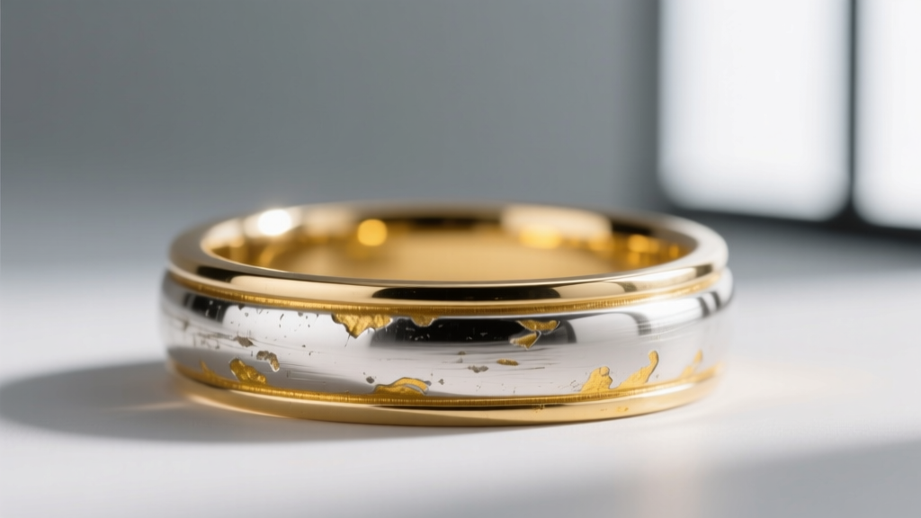 Macro shot of a vintage white gold ring shank showing wear, revealing yellow-gold alloy beneath the faded rhodium plating layer.