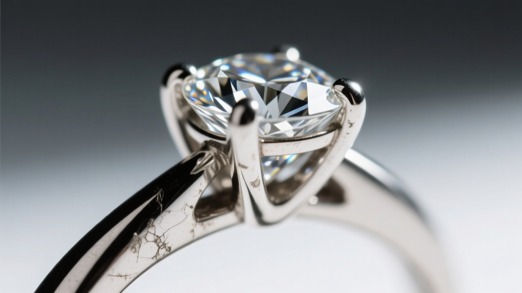 Extreme close-up of a worn platinum prong on a custom diamond ring showing metal thinning and a slightly loose stone edge