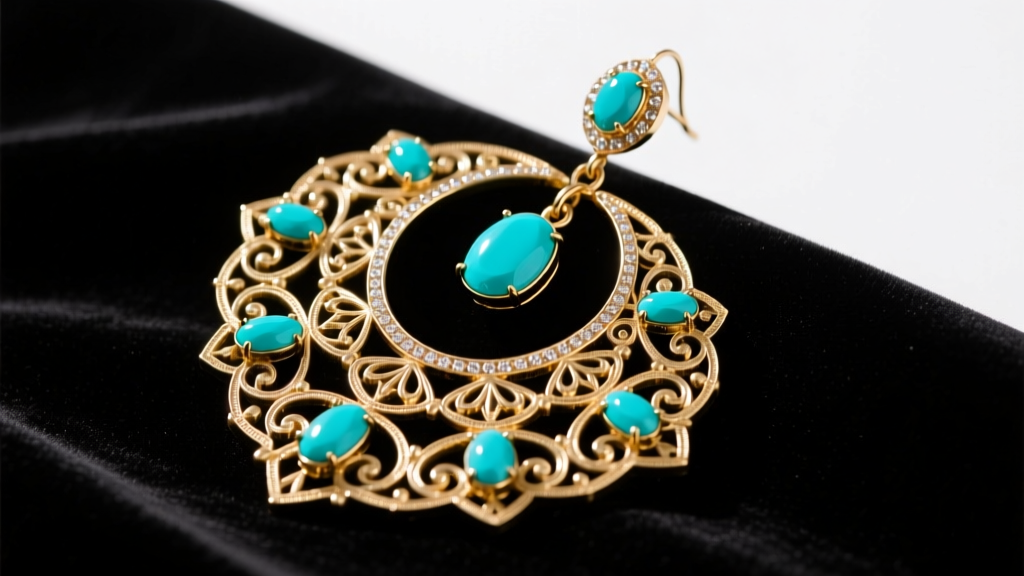Massive brass filigree chandelier earring with turquoise cabochons resting on dark velvet under bright studio lighting for cleaning