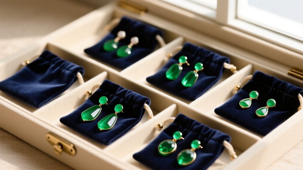 Overhead flat lay of vintage jewelry storage showing green acrylic earrings separated in individual anti-tarnish velvet pouches.