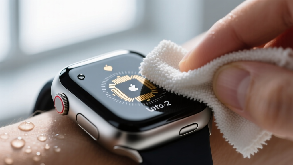 Microfiber cloth wiping the optical heart rate sensor array on the back of an Apple Watch Ultra 2 titanium case after a sweaty workout