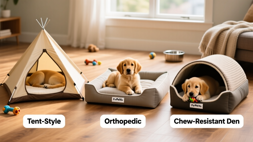 Side-by-side comparison of three FurPetVo puppy beds: tent-style, orthopedic, and chew-resistant den models, each labeled clearly