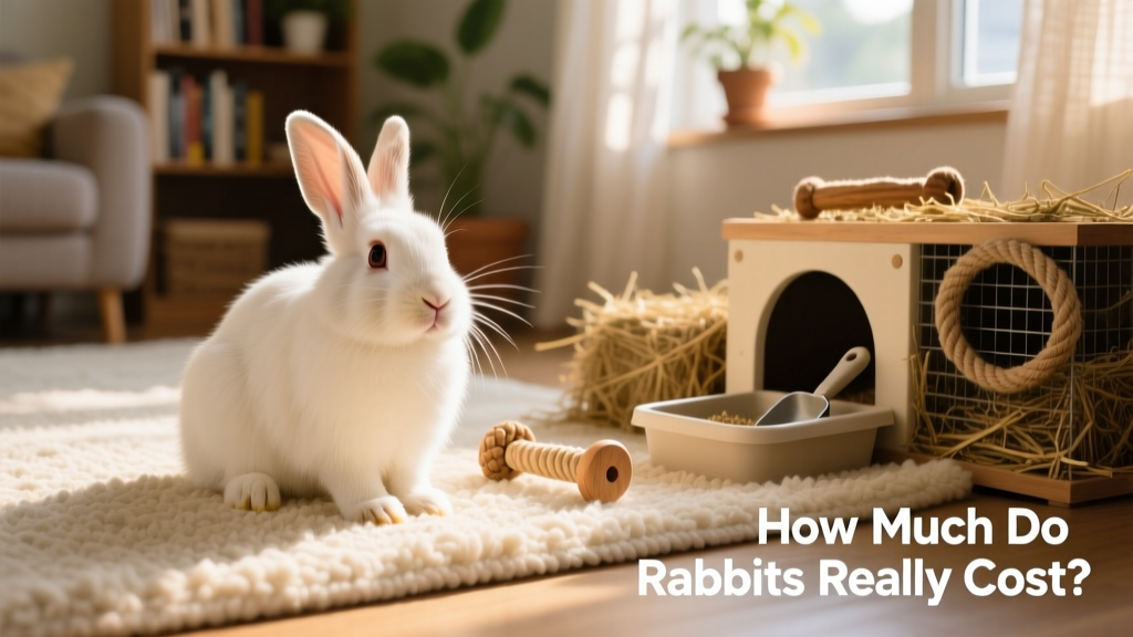 A friendly rabbit sitting calmly on a soft rug beside a well-equipped habitat with hay, toys, and a litter box